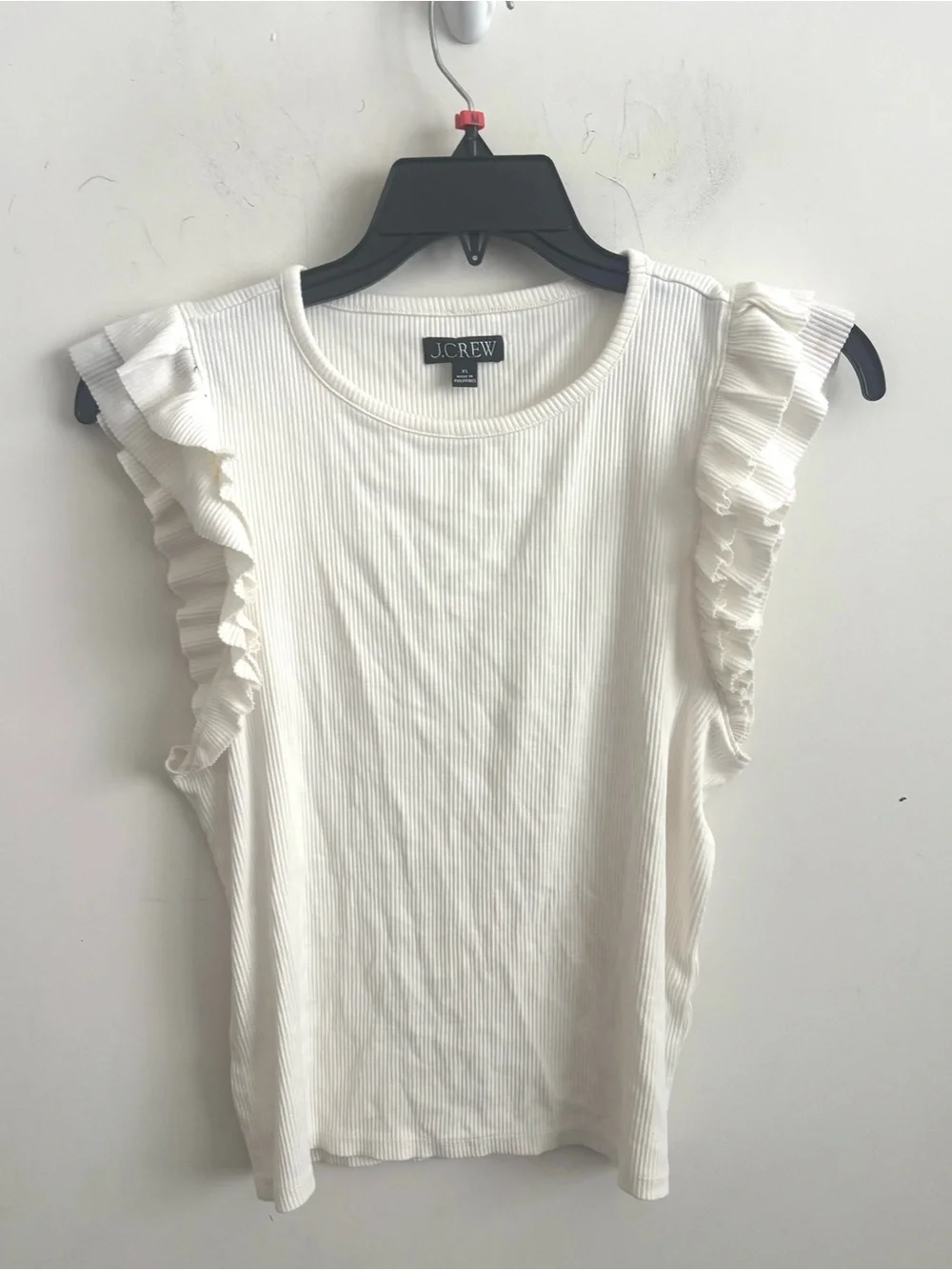 J.Crew Women White Vintage Rib Ruffle short Sleeve T-Shirt XL Minimalist Preppy